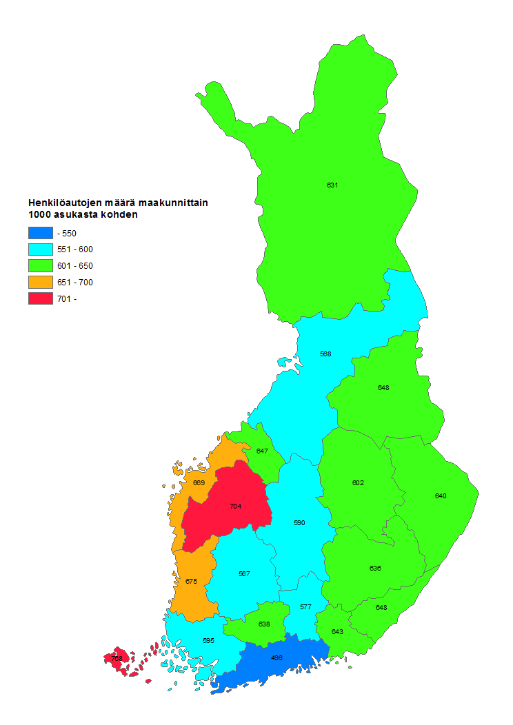 Liitekuvio 1. Rekisteriss olevien henkilautojen mr maakunnittain 1 000 asukasta kohden 31.12.2014