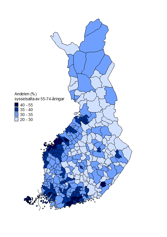 Figurbilaga 1. Andelen (%) sysselsatta av 55–74-ringar efter kommun r 2012 (preliminra uppgifter)