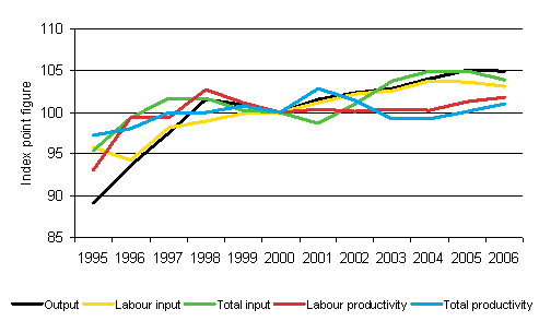 Development in the output, production inputs and productivity of central government agencies and institutions 1995-2006 (2000=100)