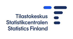 Tilastokeskuksen kolmikielinen logo, tekstit Tilastokeskus, Statistikcentralen, Statistics Finland.