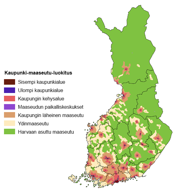 Kartta 1. Kaupunki-maaseutu¬luokitus Lähde: Suomen ympäristö¬keskus. 