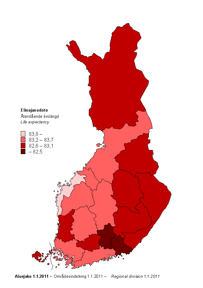 Liitekuvio 2b. Naisten elinajanodote maakunnittain 2008–2010
