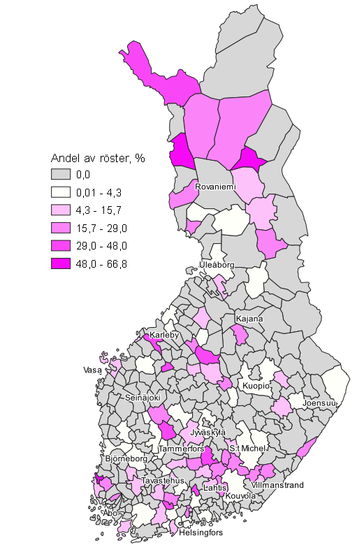 Figurbilaga 11. Karta: Valmansföreningarnas väljarstöd kommunvis i kommunalvalet 2021, hela landet 