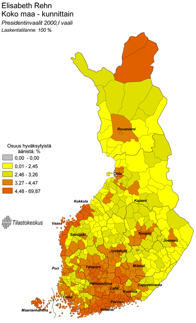 Tilastokeskus - Elisabeth Rehnin (RKP) kannatus kunnittain  Presidentinvaaleissa 2000, I kierros (kartta)