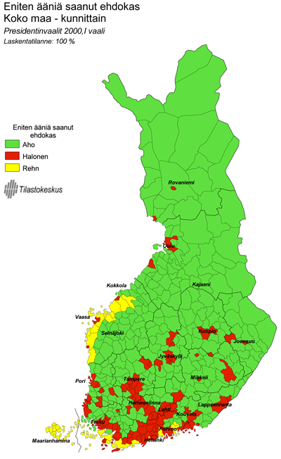 Tilastokeskus - Eniten ääniä saanut ehdokas kunnittain Presidentinvaaleissa  2000, I kierros (kartta)