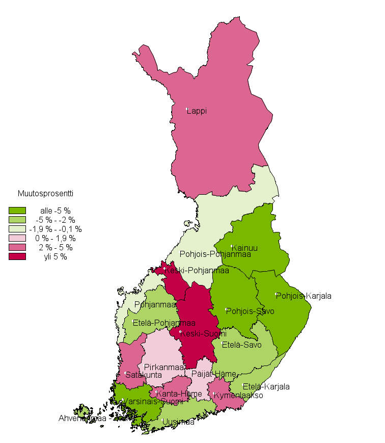 Liitekuvio 3. Rikosten määrän muutosprosentti maakunnittain 2013–2014 (kartta)