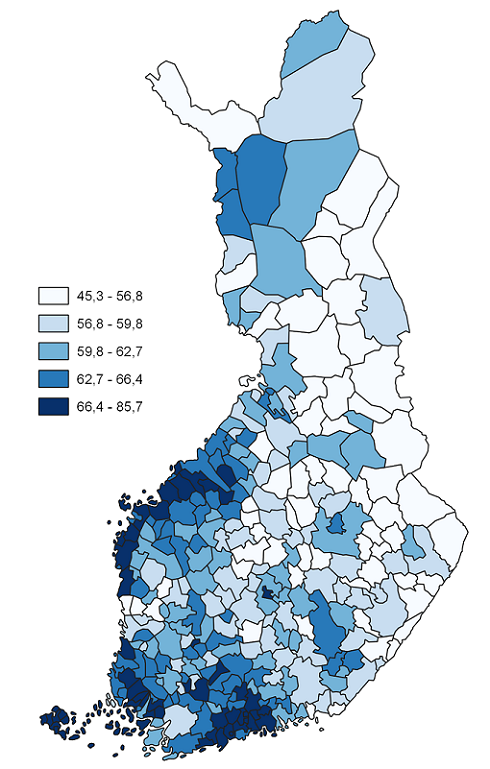 Employment rate of persons aged 55 to 64 by municipality in 2018, %